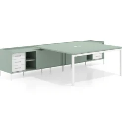 Mesa de oficina doble con pedestal cajonera Kube, encimera única, estructura blanca