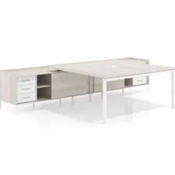 Mesa de oficina doble con pedestal cajonera Kube, encimera única, estructura blanca