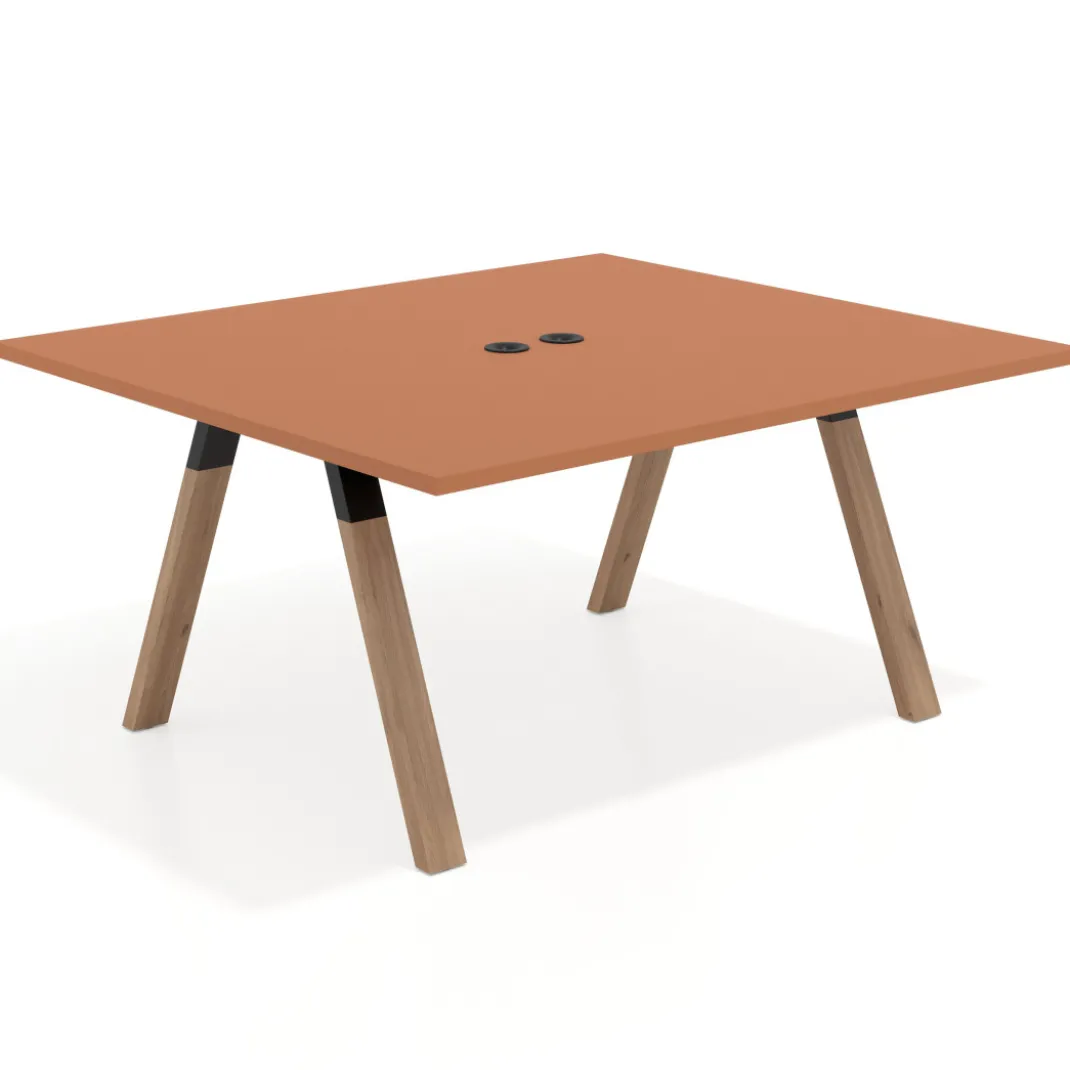 Mesa de oficina doble UvePro fondo 142, cantos rectos, estructura negra/madera