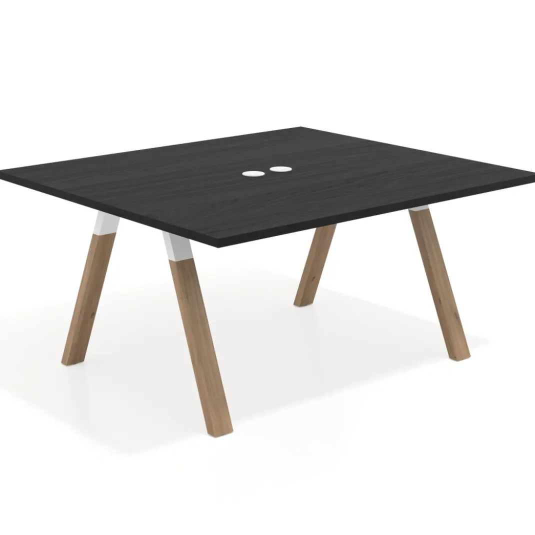 Mesa de oficina doble UvePro fondo 142, cantos rectos, estructura blanca/madera