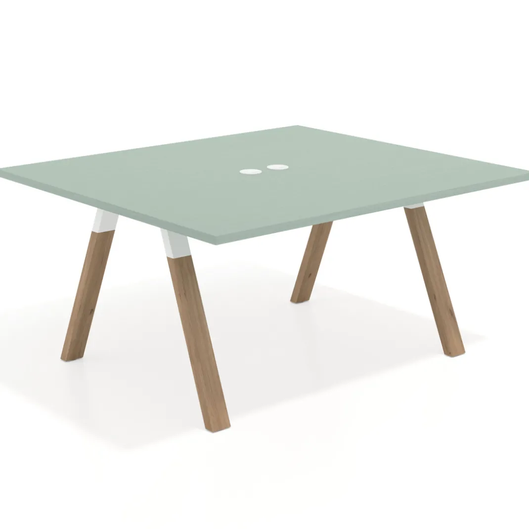 Mesa de oficina doble UvePro fondo 142, cantos rectos, estructura blanca/madera