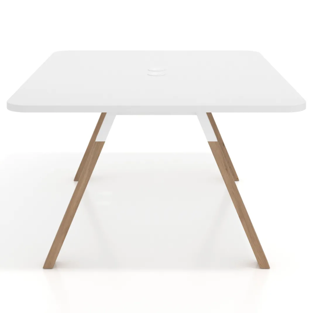 Mesa de oficina doble UvePro fondo 126, cantos redondeados, estructura blanca/madera