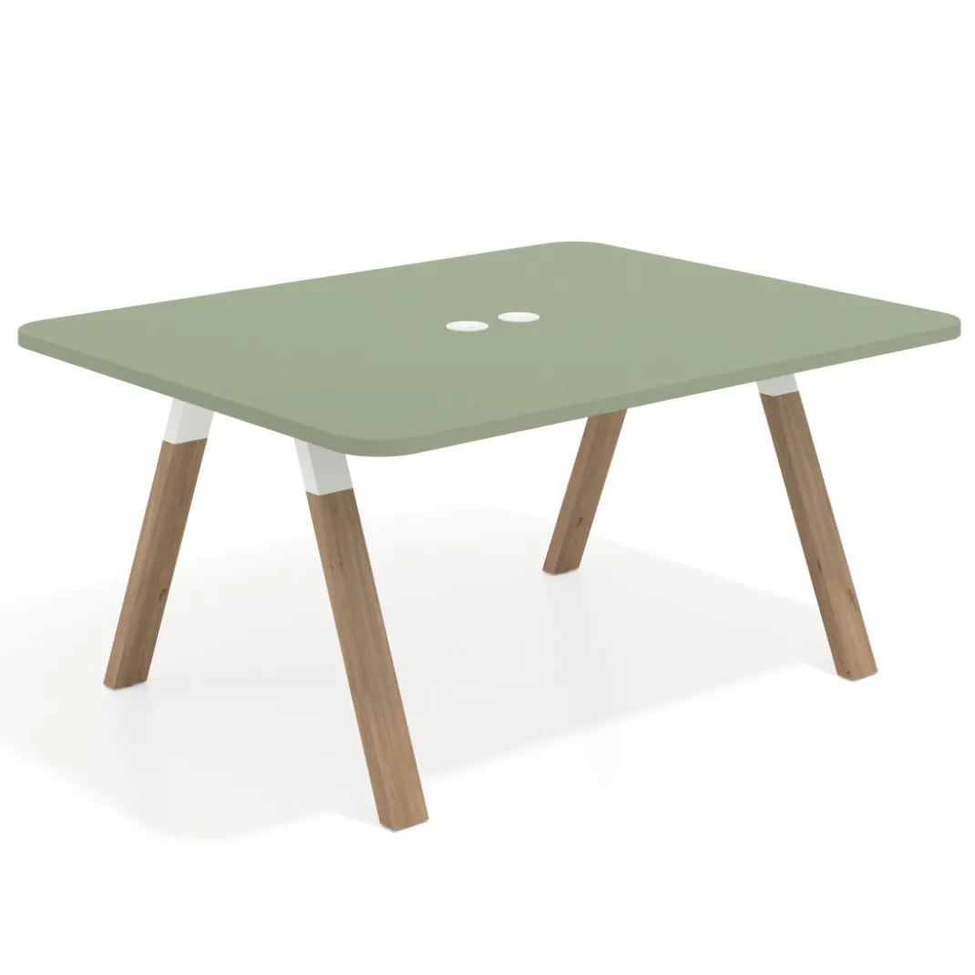 Mesa de oficina doble UvePro fondo 126, cantos redondeados, estructura blanca/madera