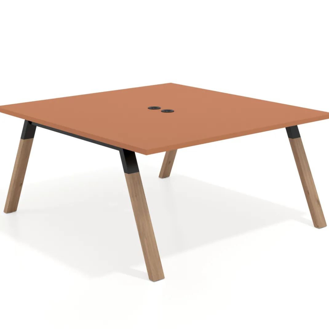 Mesa de oficina doble UvePro fondo 166, cantos rectos, estructura negra/madera