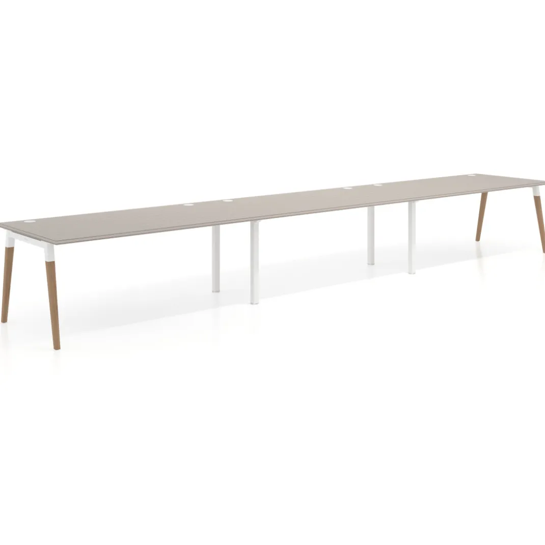 Mesa de oficina en continuidad Arki triple, patas de madera, fondo 100cm