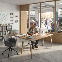 Mesa de oficina en L Arki fondo 80cm con ala, patas de madera