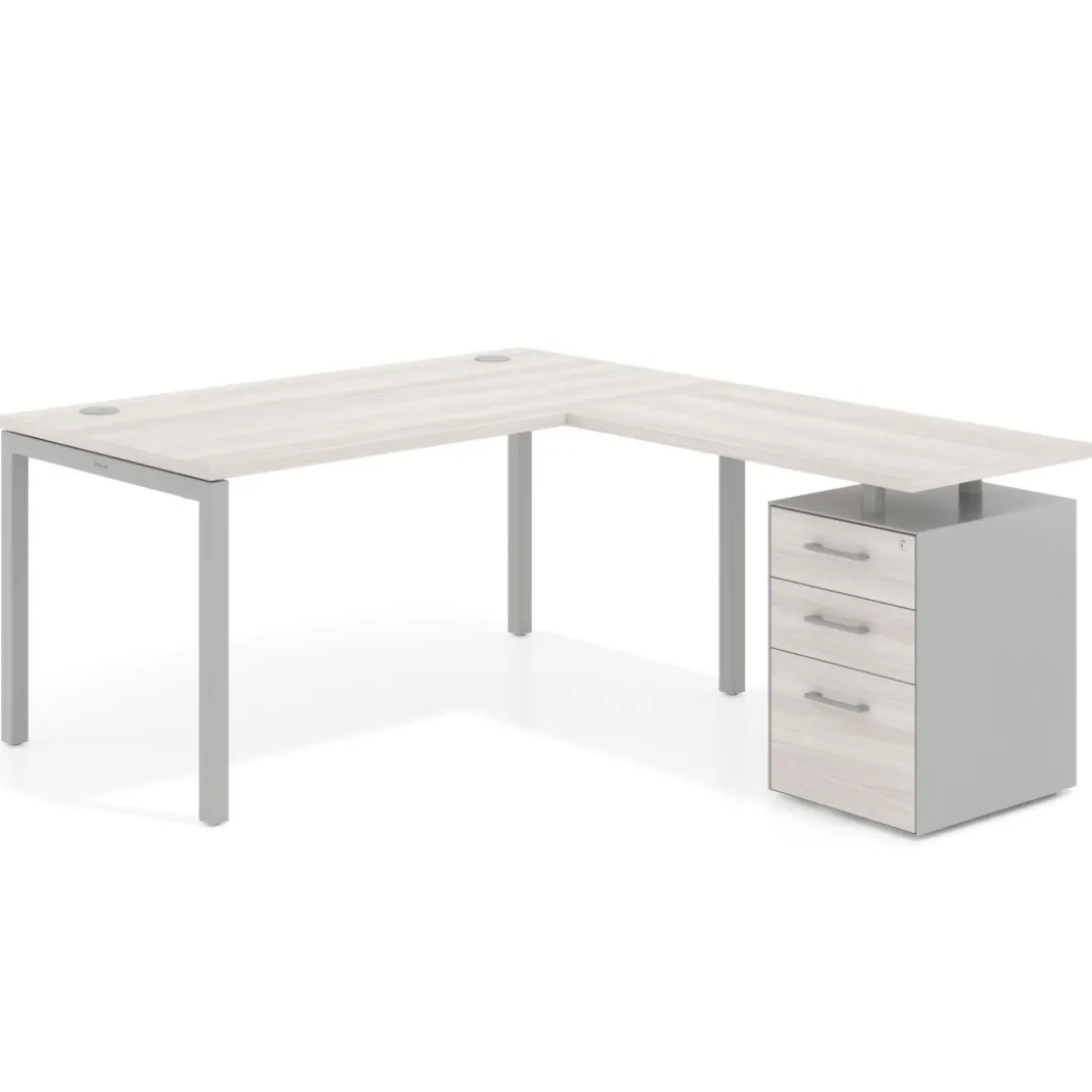 Mesa de oficina en L con cajones Kube fondo 80, frontales melamina, estructura aluminio