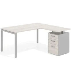 Mesa de oficina en L con cajones Kube fondo 80, ala corta, frontales melamina, estructura aluminio