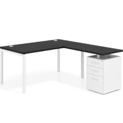 Mesa de oficina en L con cajones Kube fondo 80, frontales metal, estructura blanca