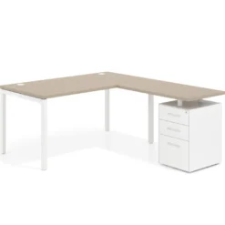 Mesa de oficina en L con cajones Kube fondo 80, frontales metal, estructura blanca