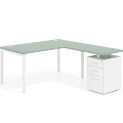 Mesa de oficina en L con cajones Kube fondo 80, frontales metal, estructura blanca