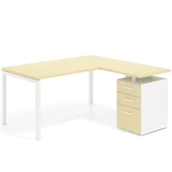 Mesa de oficina en L con cajones Kube fondo 80, ala corta, frontales melamina, estructura blanca