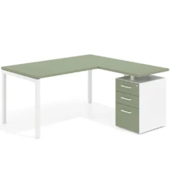 Mesa de oficina en L con cajones Kube fondo 80, ala corta, frontales melamina, estructura blanca