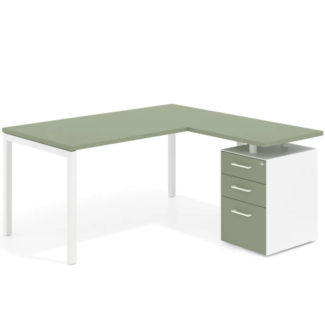 Mesa de oficina en L con cajones Kube fondo 80, ala corta, frontales melamina, estructura blanca