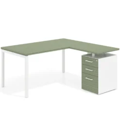 Mesa de oficina en L con cajones Kube fondo 80, ala corta, frontales melamina, estructura blanca