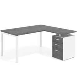 Mesa de oficina en L con cajones Kube fondo 80, ala corta, frontales melamina, estructura blanca
