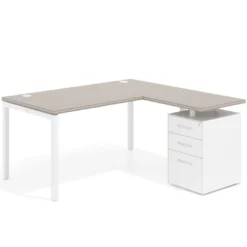Mesa de oficina en L con cajones Kube fondo 80, ala corta, frontales metal, estructura blanca