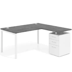 Mesa de oficina en L con cajones Kube fondo 80, ala corta, frontales metal, estructura blanca