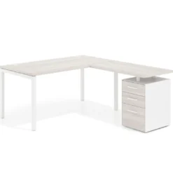 Mesa de oficina en L con cajones Kube fondo 80, frontales melamina, estructura blanca