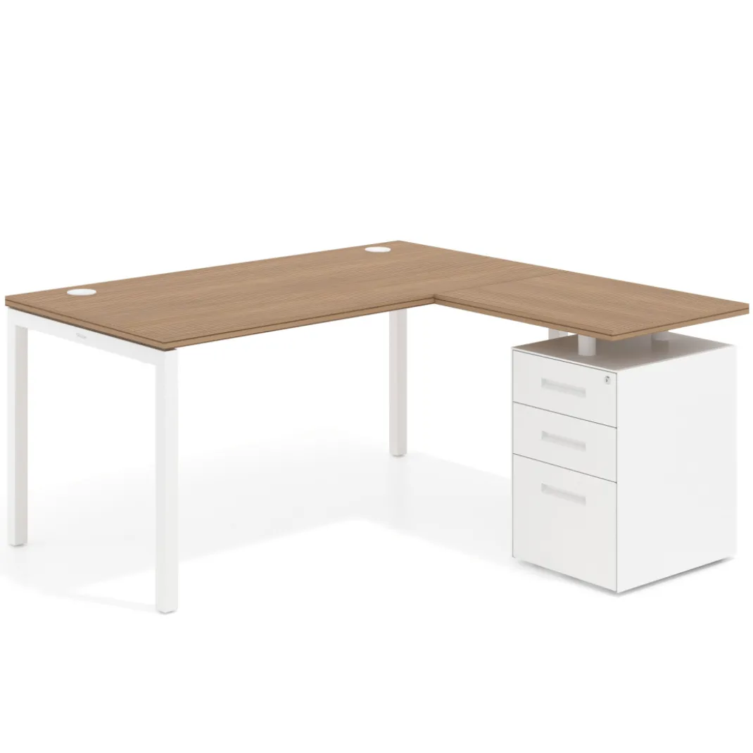 Mesa de oficina en L con cajones Kube fondo 80, ala corta, frontales metal, estructura blanca