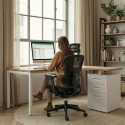 Mesa de oficina en L con cajones Kube fondo 80, ala corta, frontales metal, estructura blanca