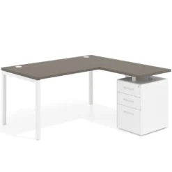Mesa de oficina en L con cajones Kube fondo 80, ala corta, frontales metal, estructura blanca