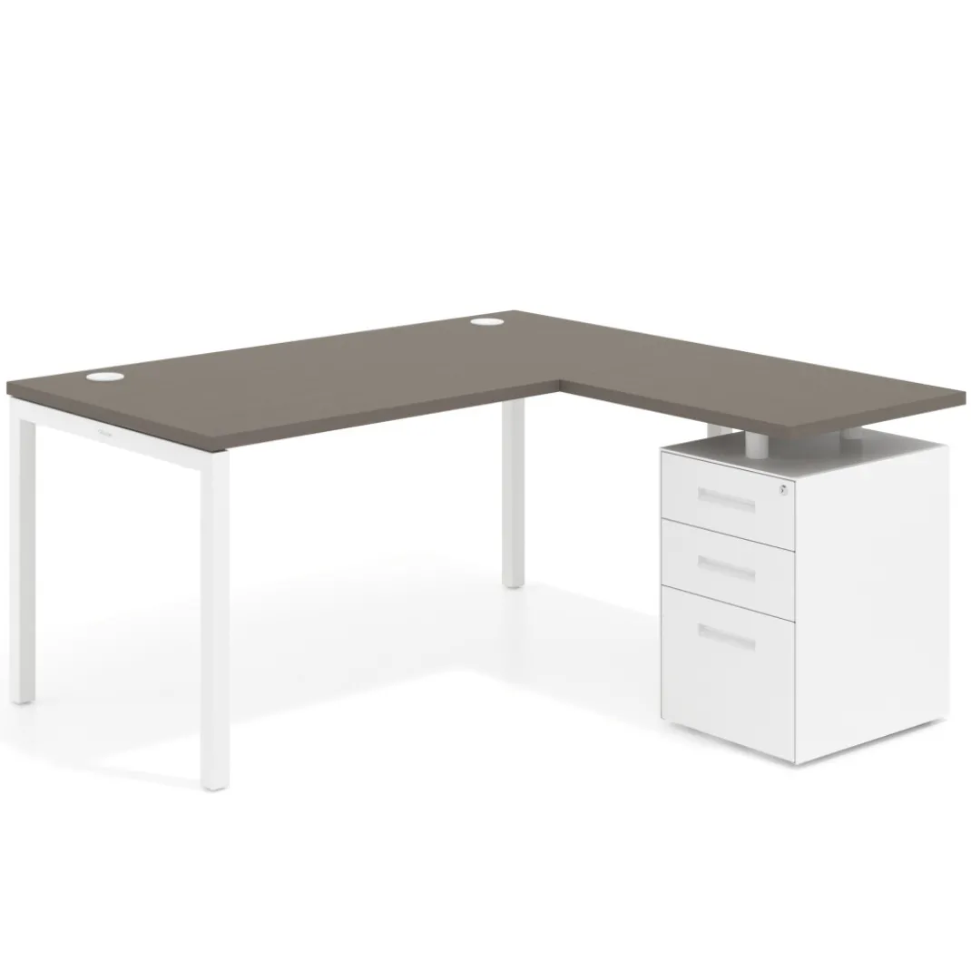 Mesa de oficina en L con cajones Kube fondo 80, ala corta, frontales metal, estructura blanca