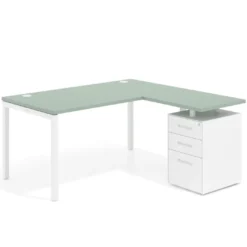 Mesa de oficina en L con cajones Kube fondo 80, ala corta, frontales metal, estructura blanca