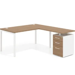 Mesa de oficina en L con cajones Kube fondo 80, frontales melamina, estructura blanca