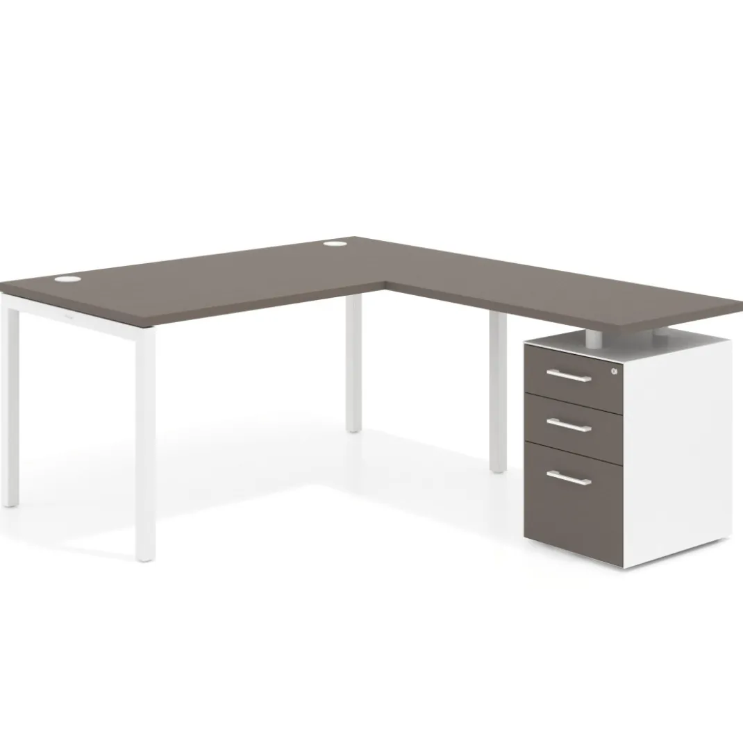 Mesa de oficina en L con cajones Kube fondo 80, frontales melamina, estructura blanca