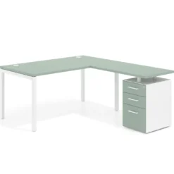 Mesa de oficina en L con cajones Kube fondo 80, frontales melamina, estructura blanca