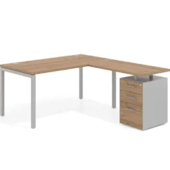 Mesa de oficina en L con cajones Kube fondo 80, frontales melamina, estructura aluminio