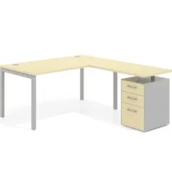 Mesa de oficina en L con cajones Kube fondo 80, frontales melamina, estructura aluminio