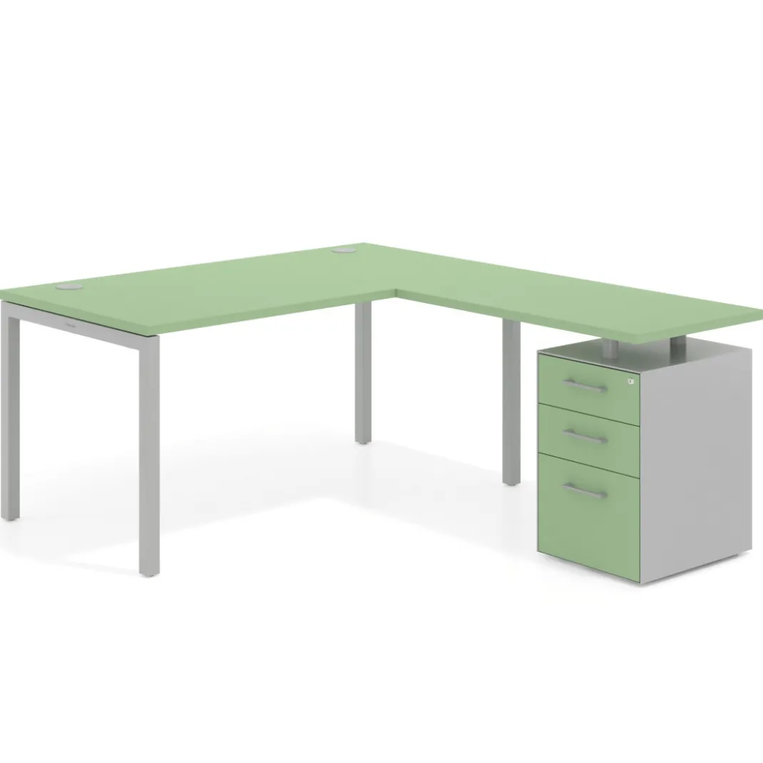 Mesa de oficina en L con cajones Kube fondo 80, frontales melamina, estructura aluminio