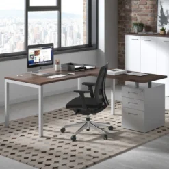 Mesa de oficina en L con cajones Kube fondo 80, frontales melamina, estructura aluminio