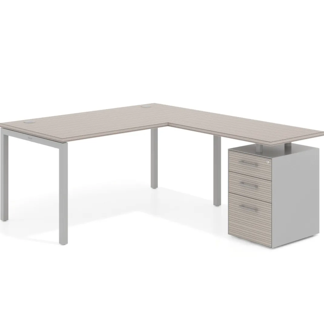 Mesa de oficina en L con cajones Kube fondo 80, frontales melamina, estructura aluminio