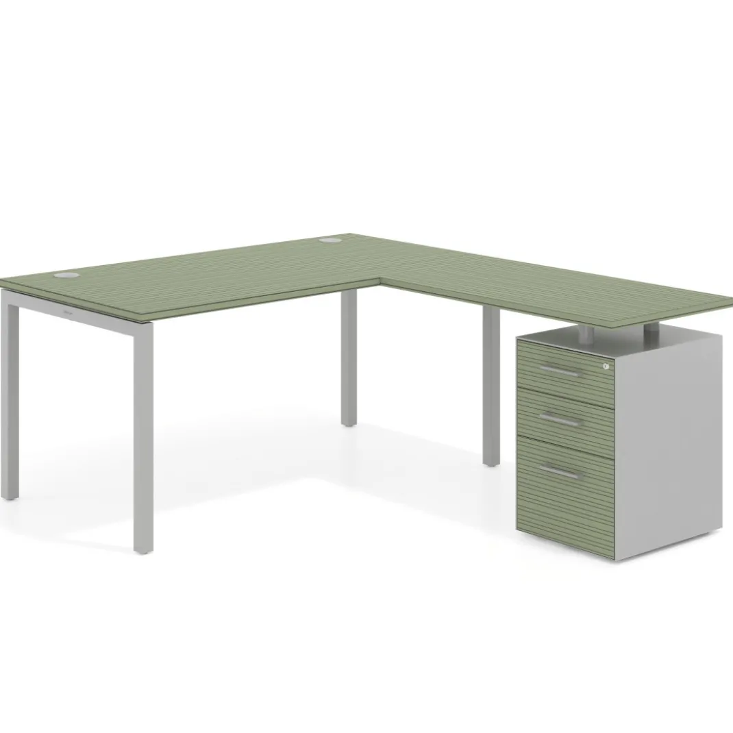 Mesa de oficina en L con cajones Kube fondo 80, frontales melamina, estructura aluminio