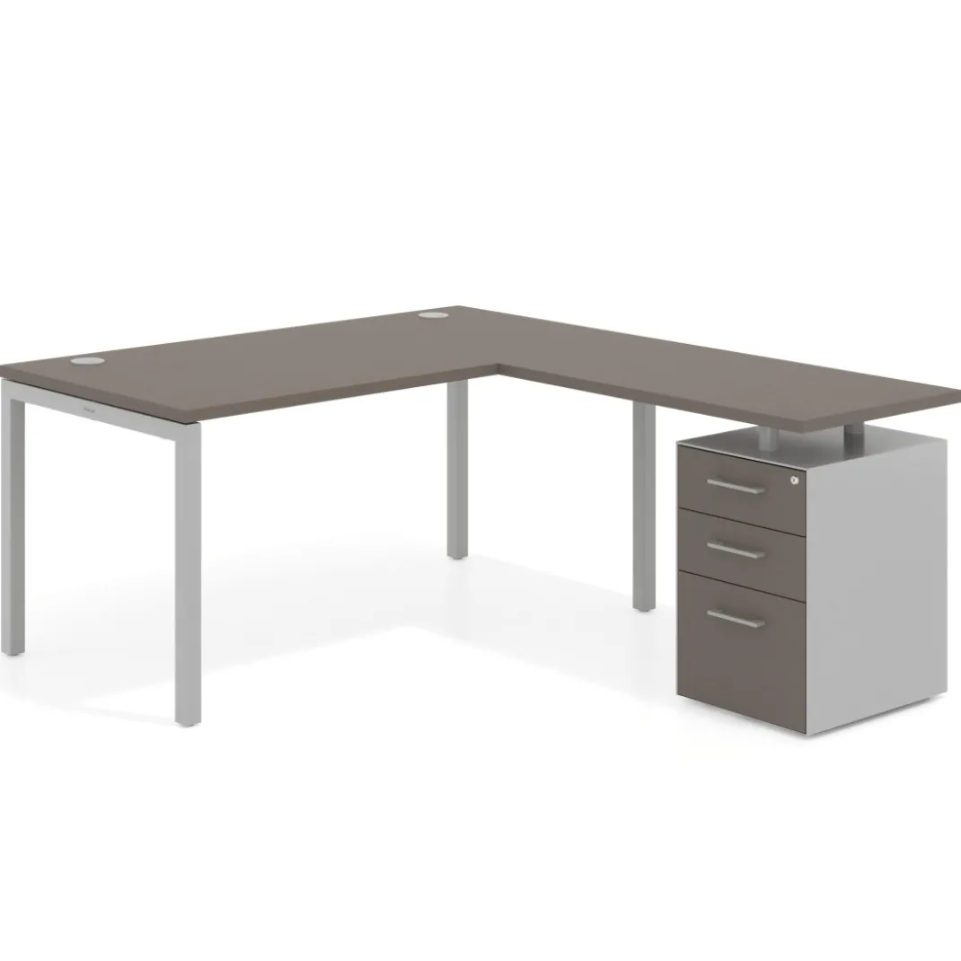 Mesa de oficina en L con cajones Kube fondo 80, frontales melamina, estructura aluminio