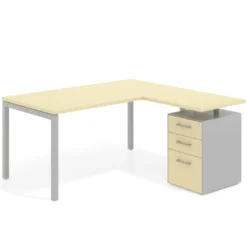 Mesa de oficina en L con cajones Kube fondo 80, ala corta, frontales melamina, estructura aluminio
