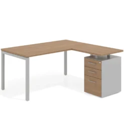 Mesa de oficina en L con cajones Kube fondo 80, ala corta, frontales melamina, estructura aluminio