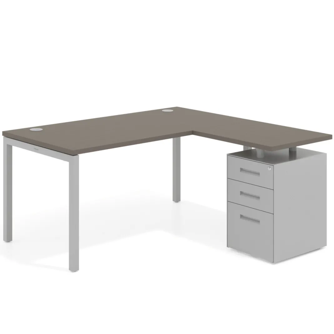 Mesa de oficina en L con cajones Kube fondo 80, ala corta, frontales metal, estructura aluminio