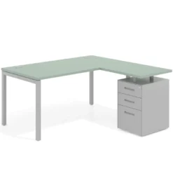 Mesa de oficina en L con cajones Kube fondo 80, ala corta, frontales metal, estructura aluminio
