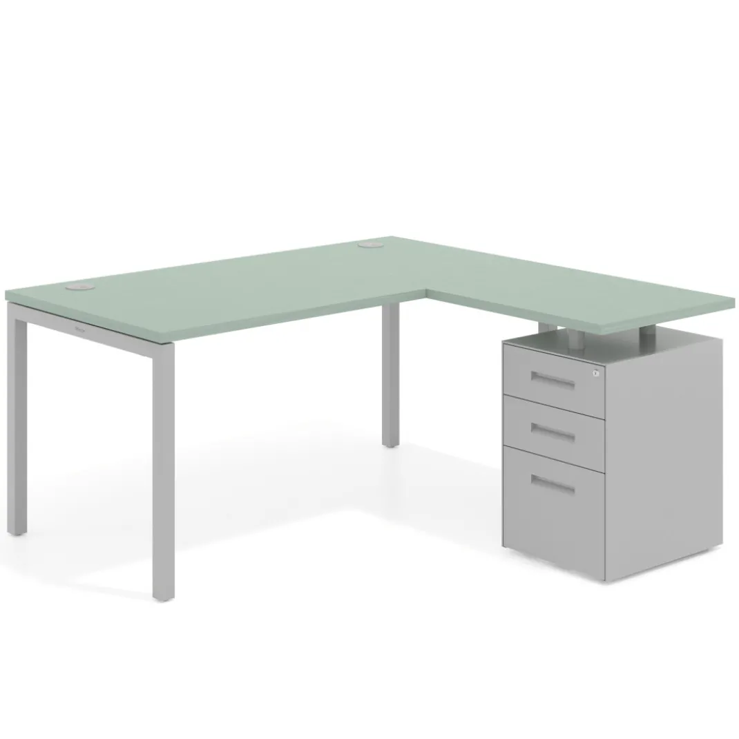 Mesa de oficina en L con cajones Kube fondo 80, ala corta, frontales metal, estructura aluminio