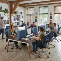 Mesa de oficina multipuesto Arki triple, fondo 126 cm, patas de madera