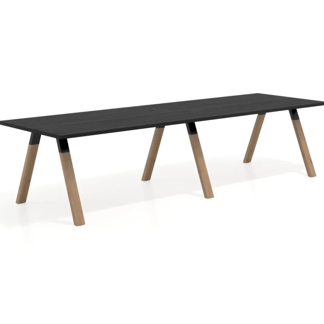 Mesa de oficina progresiva UvePro doble, fondo 100cm, estructura negra, patas de madera