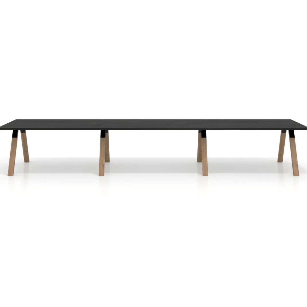 Mesa de oficina progresiva UvePro triple, fondo 100cm, estructura negra, patas de madera