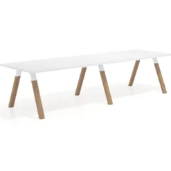 Mesa de oficina progresiva UvePro doble, fondo 100cm, estructura blanca, patas de madera