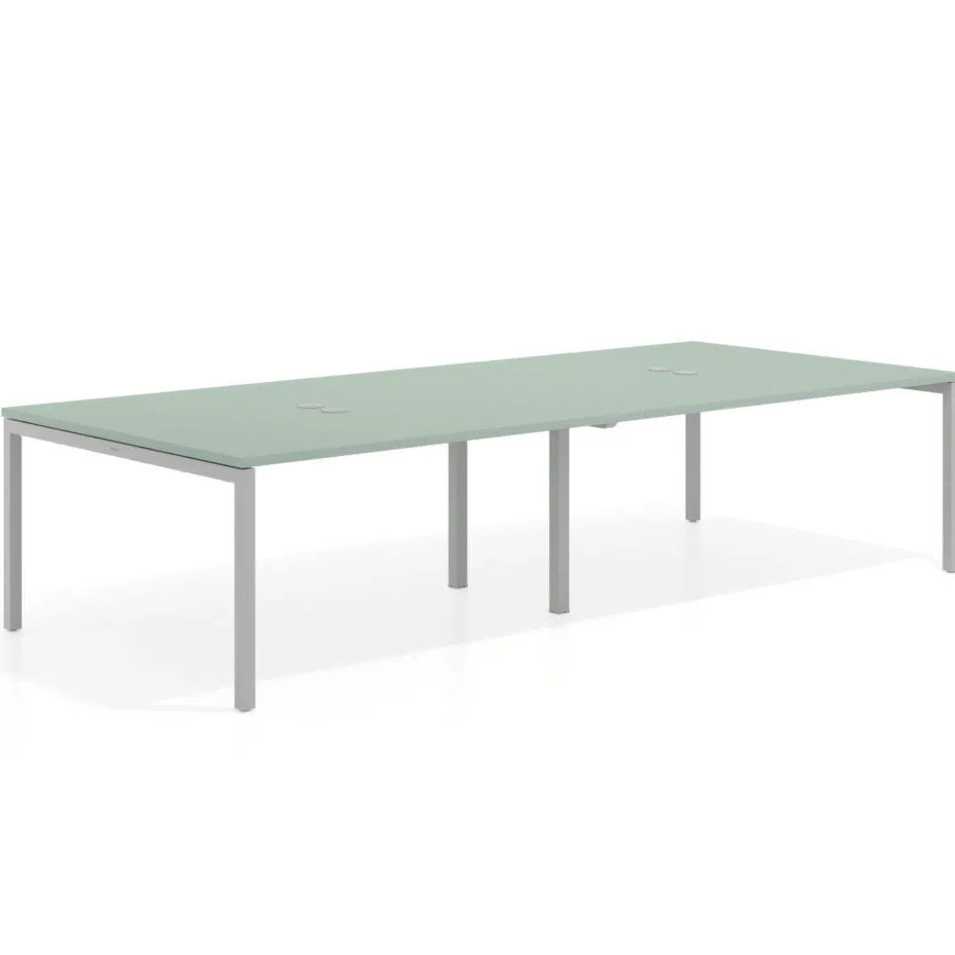 Mesa de reuniones doble Kube, encimera continua, fondo 142 cm, estructura aluminio