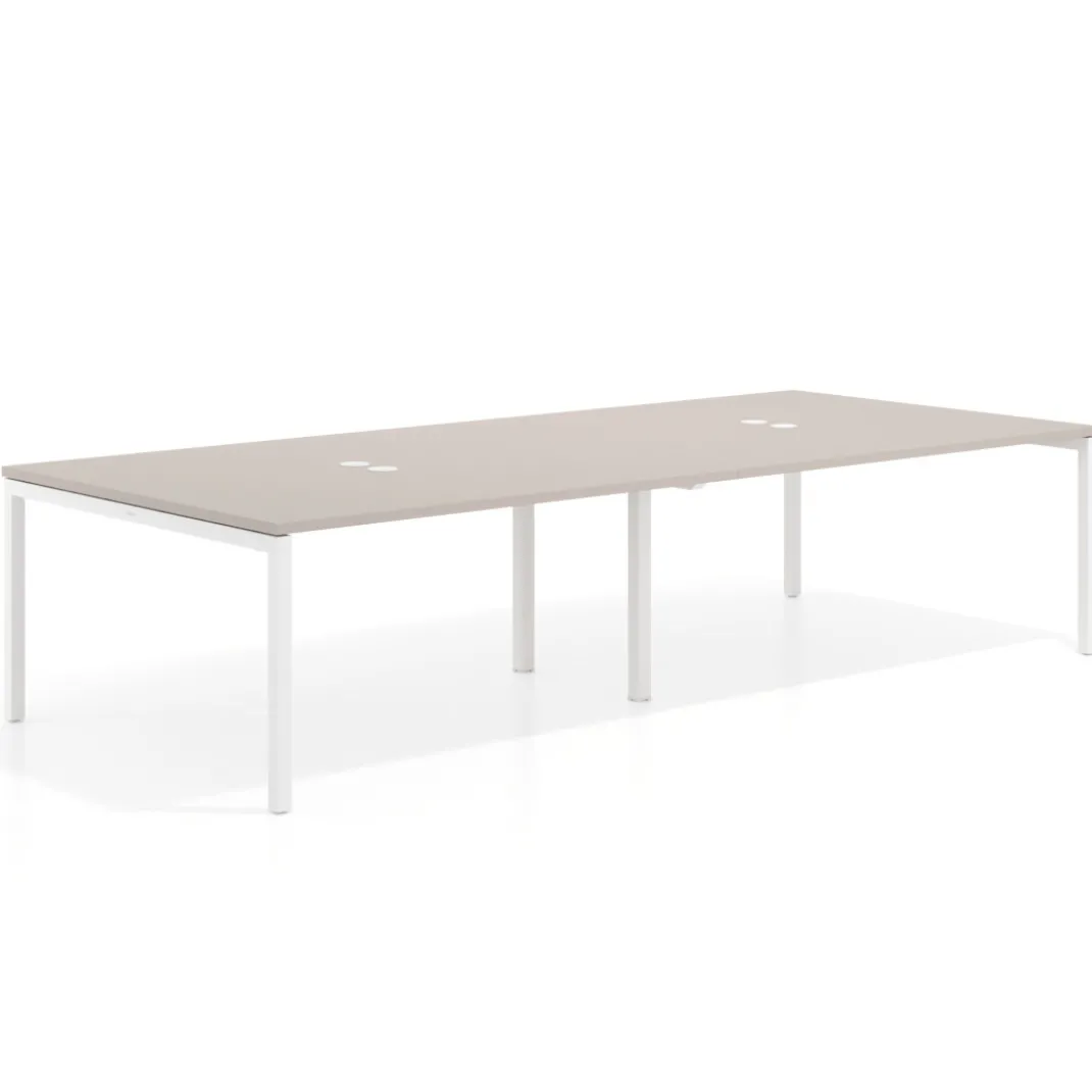 Mesa de reuniones doble Kube, encimera continua, fondo 142 cm, estructura blanca