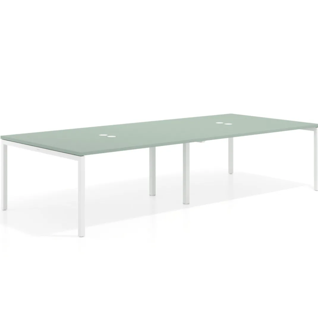 Mesa de reuniones doble Kube, encimera continua, fondo 142 cm, estructura blanca
